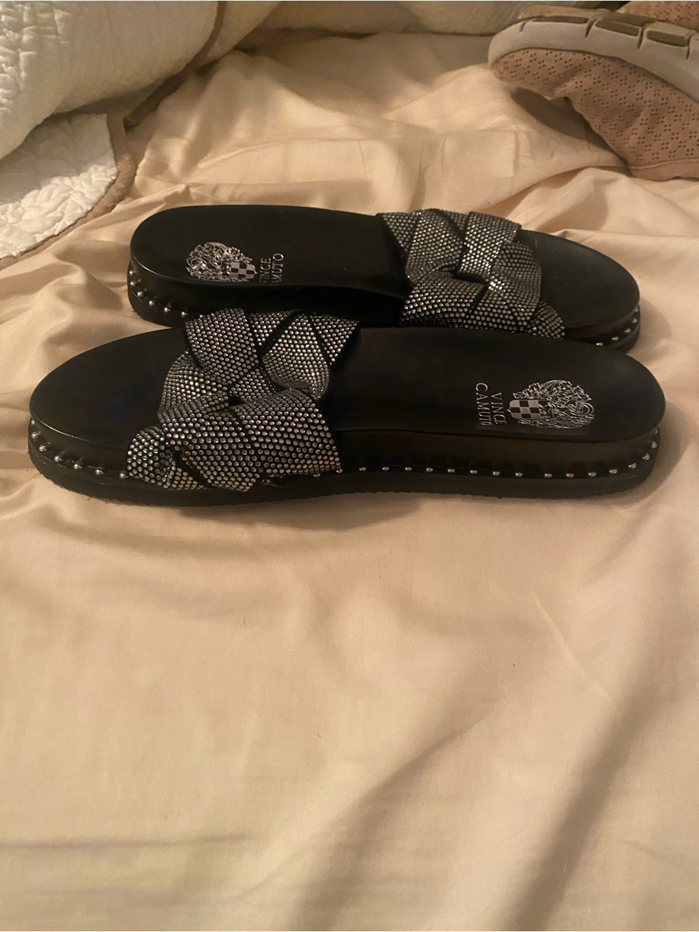 Vince Camuto Black and Silver Crystal Cross-Band Slide Sandals - Picture 2 of 3
